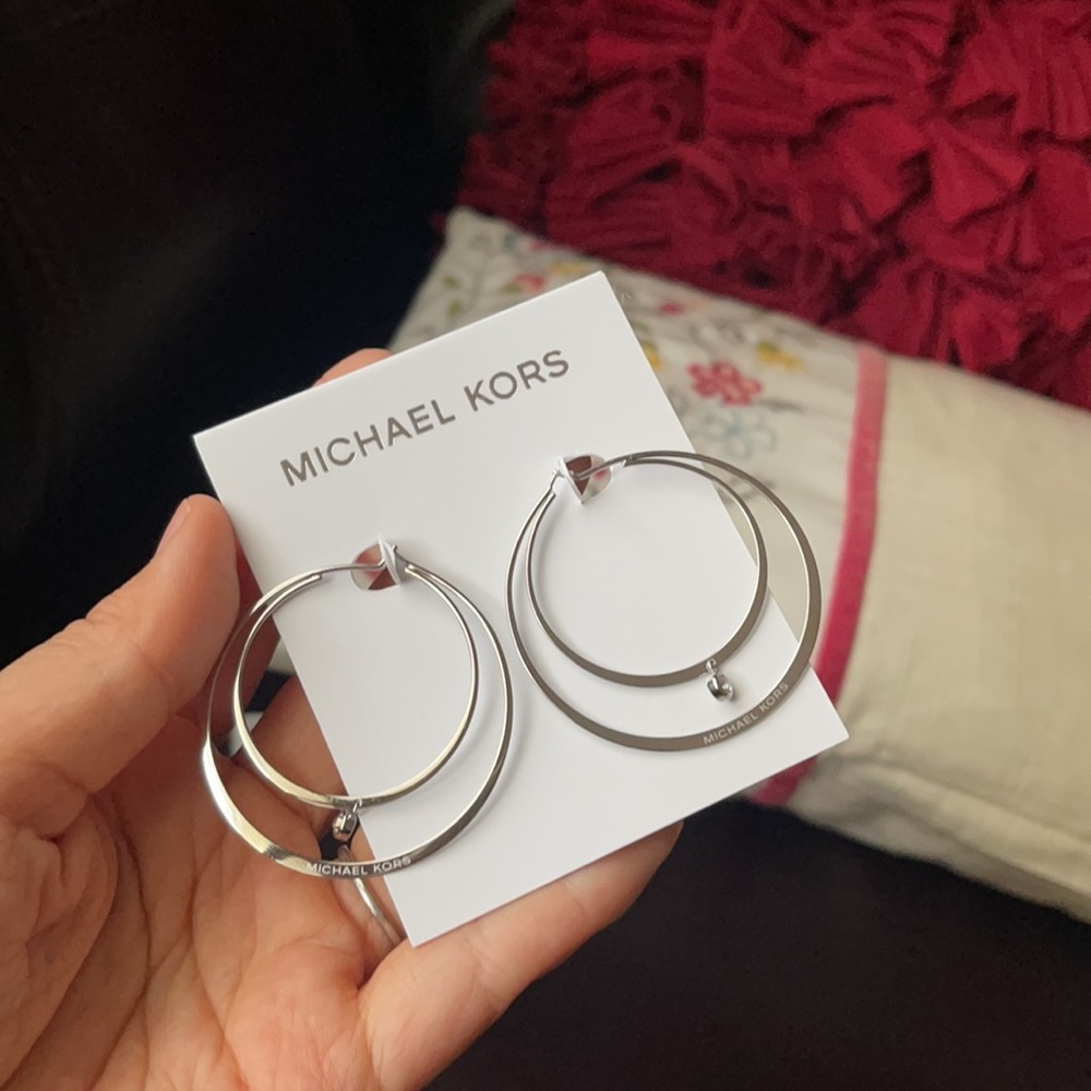 Michael Kors Sliver Crystal  Double Hoop Earrings - Picture 2 of 5
